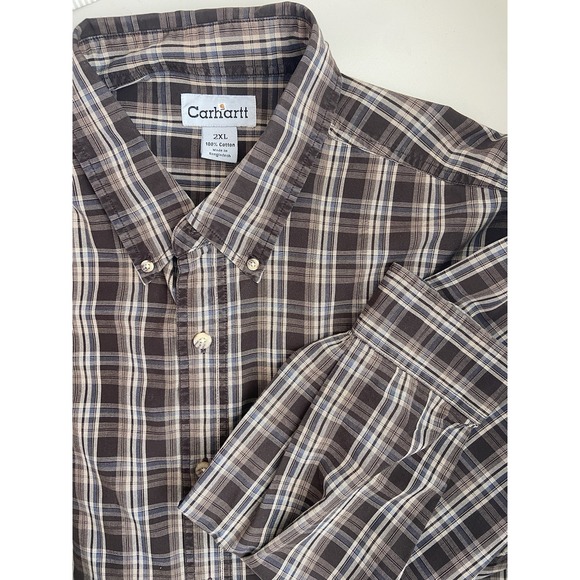 Vintage Carhartt‎ 100% Cotton Button Up Brown Plaid Leather Logo Shirt Mens 2XL - Picture 1 of 8
